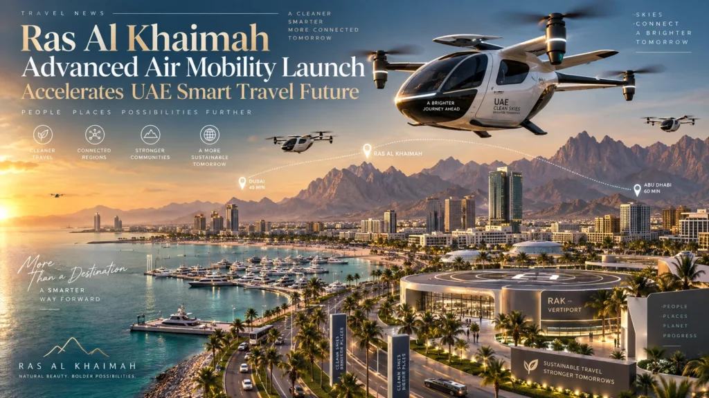 Promotional banner for Ras Al Khaimah Advanced Air Mobility Launch: a white multicopter helicopter over the coast and skyline, with route lines to Dubai and Abu Dhabi and icons highlighting cleaner travel, connected regions, stronger communities, and sustainability.