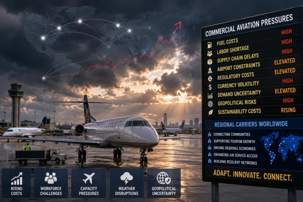 Airline on a rain-soaked tarmac at sunset beside a large board listing aviation pressures like fuel costs and labor shortages.