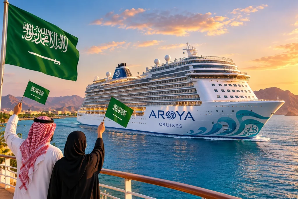 Saudi Flags Welcome AROYA Cruise at Sunset