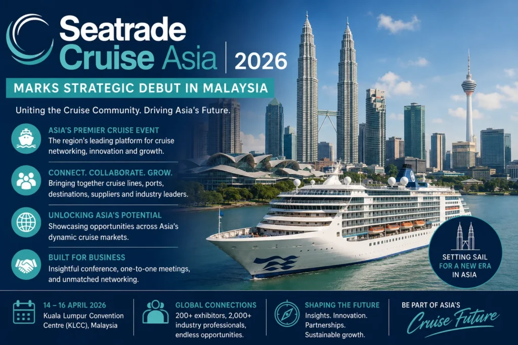 Seatrade Cruise Asia 2026 poster announcing Malaysia debut, featuring a cruise ship with Kuala Lumpur skyline in blue tones and event dates.