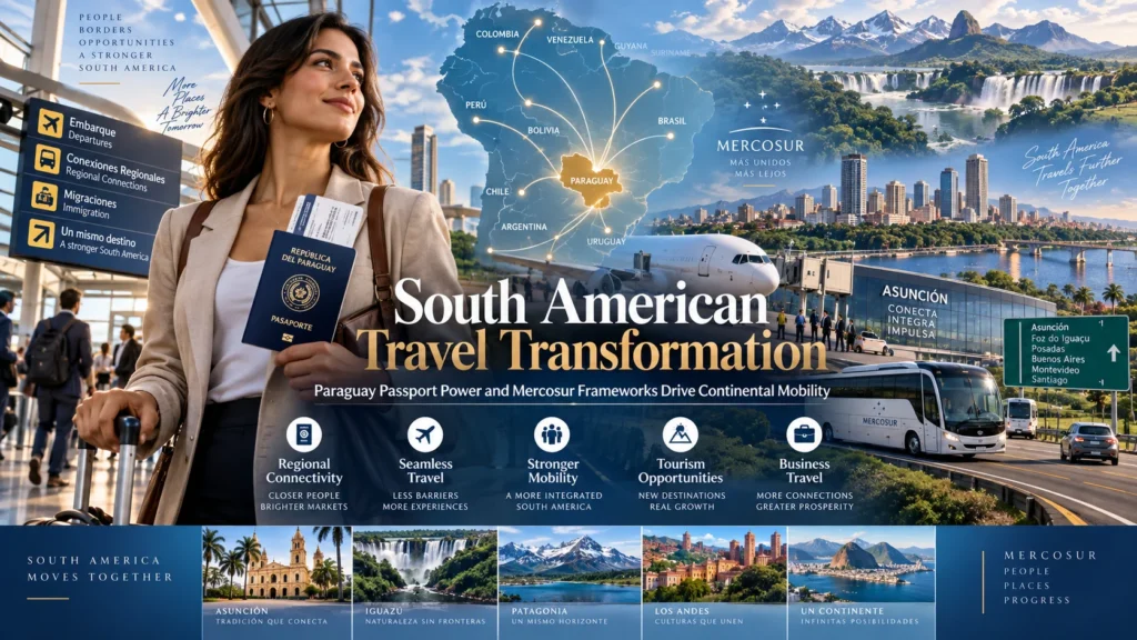 Woman at an airport holding a passport in front of a South America travel banner with a map and planes in the background.