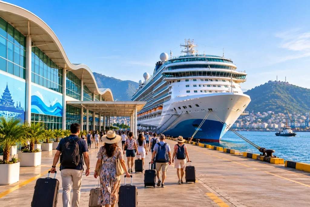Tourists with rolling suitcases walk along a harbor to a large cruise ship docked at a sunny port with a glass-sided terminal building nearby.