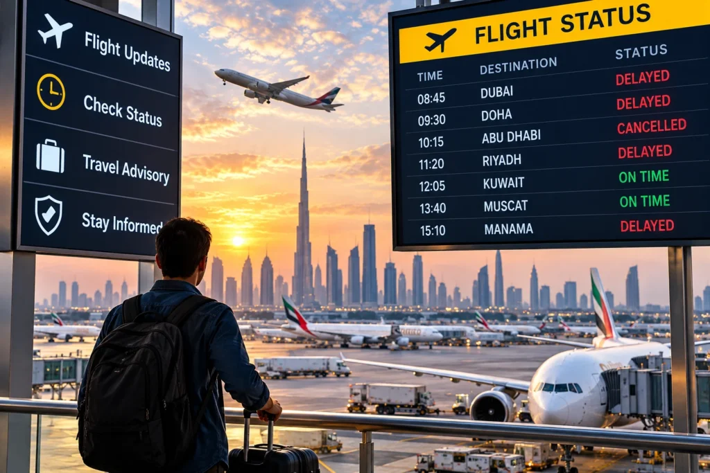 Traveler with a rolling suitcase stands at an airport railing, facing two large flight information boards showing updates and statuses (delayed, on time).
