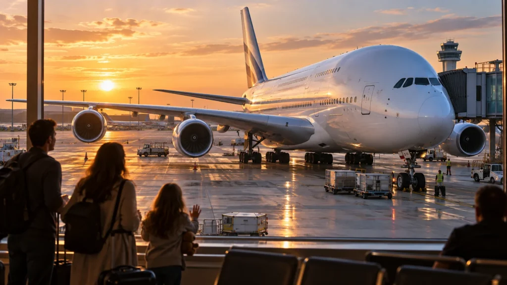 Airplane parked at a gate at sunset, jet bridge attached and ground crew nearby as passengers watch from the terminal window.