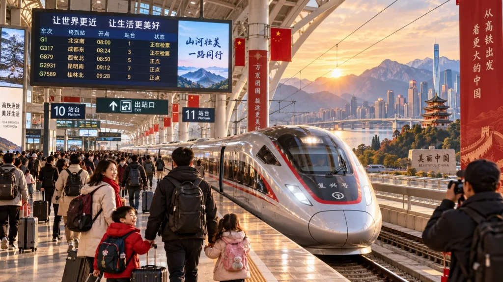 Sunset Journey Through China’s High-Speed Rail Station
