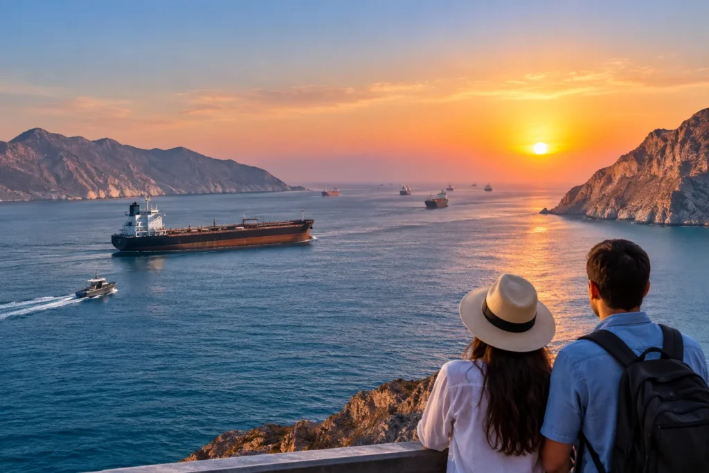 Sunset Over a Bustling Mountain Strait