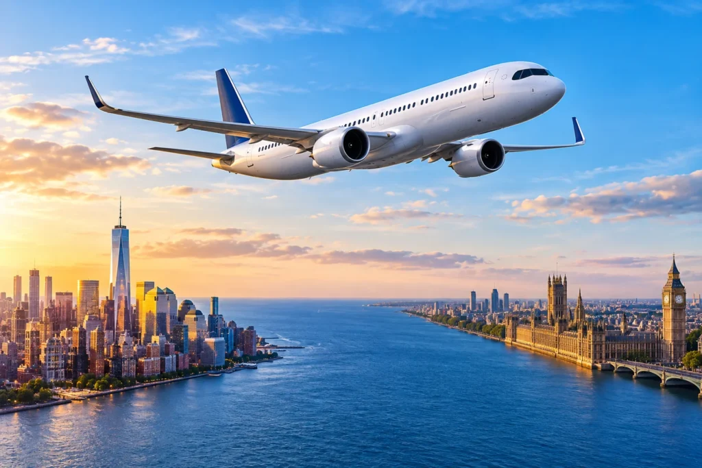 Transatlantic Flight Between Iconic Skylines