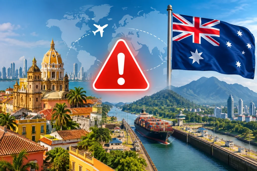 Travel Advisory Australia Flag Over Canal and Cities
