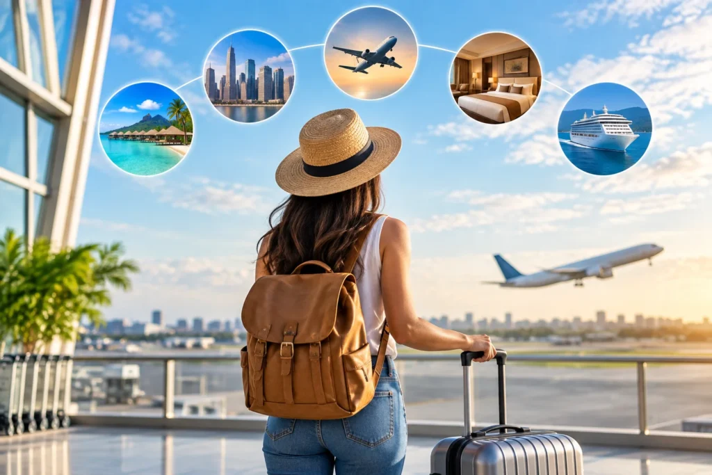 Traveler with a brown backpack and straw hat stands at the airport, pulling a rolling suitcase as a plane takes off in the distance, with travel-destination icons circling above her.
