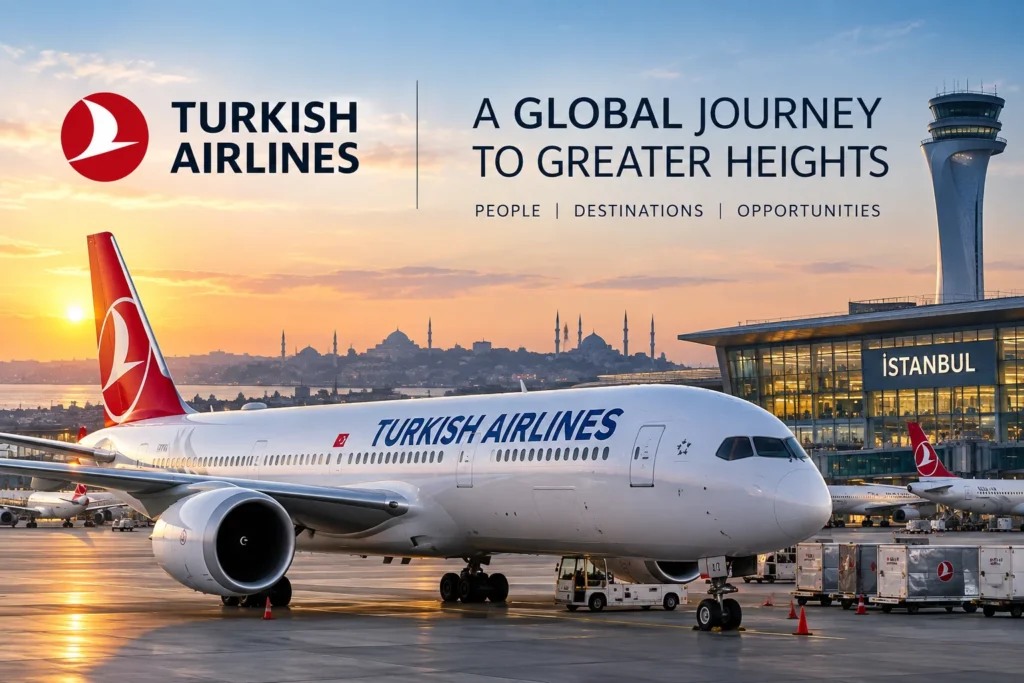Turkish Airlines plane on the tarmac at Istanbul Airport at sunset; control tower and skyline in the background.