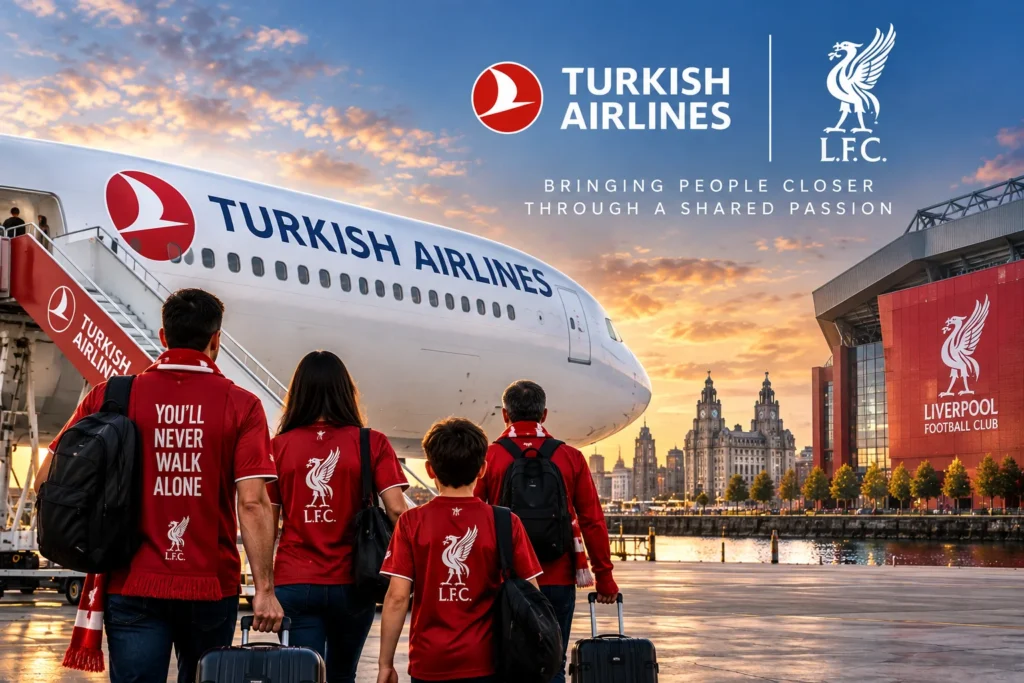 Passengers wearing red Liverpool FC jerseys with luggage walk toward a Turkish Airlines jet at sunset, with the stadium and skyline in the background.