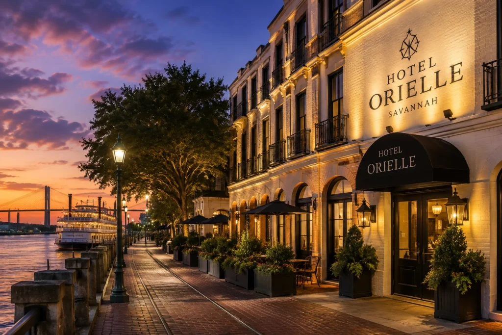Hotel Orielle Savannah at dusk along the riverfront, illuminated façade with arches and outdoor seating under umbrellas.