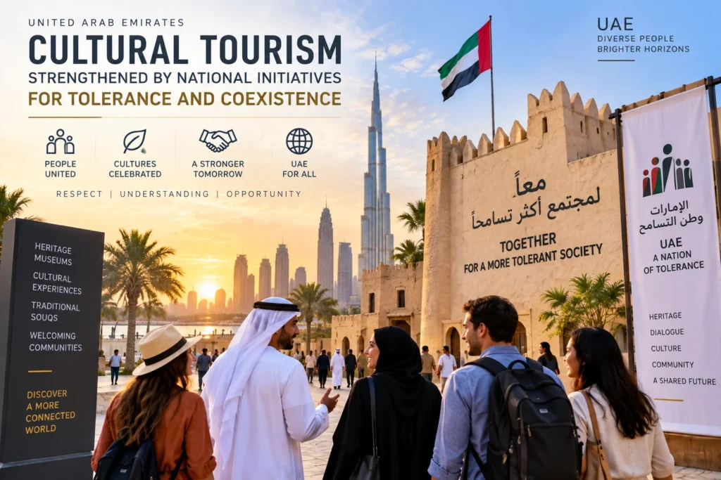 Banner promoting UAE cultural tourism at sunset, with Dubai skyline, UAE flag, and a historic fort beside visitors walking by.
