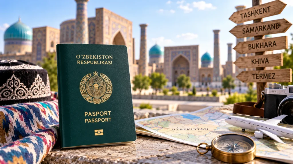 Uzbekistan Travel Essentials Against Samarkand Bokeh
