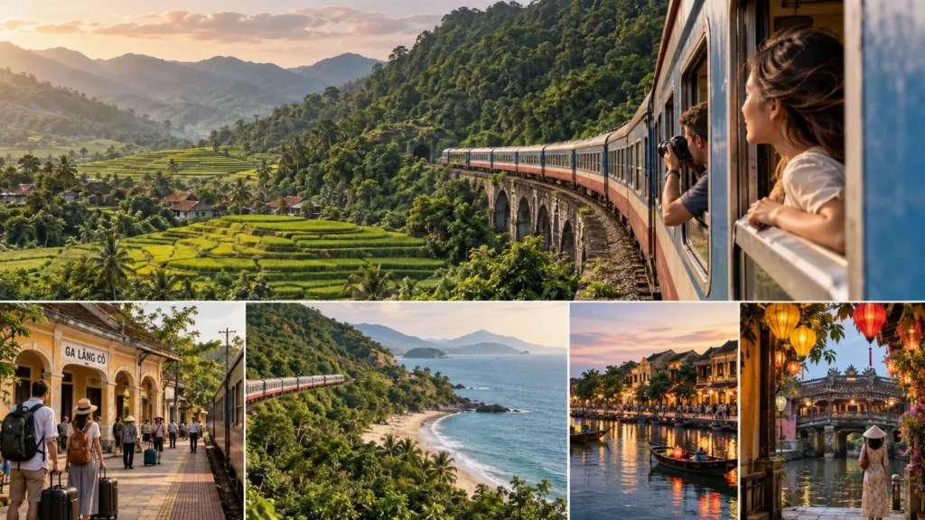 Travel collage illustrating diverse destinations: a blue train winds through terraced green hills and mountains at sunset, with a village nearby and a scenic coastline in the distance.
