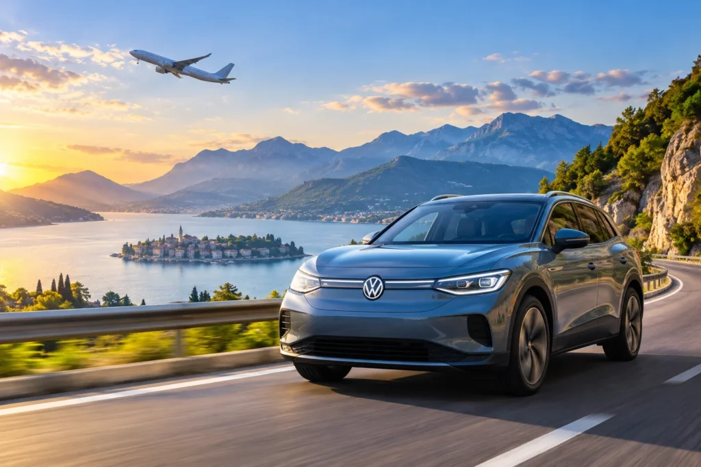 Volkswagen SUV Along a Golden Lake Road