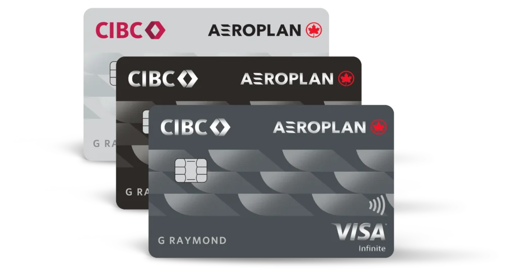 Stacked credit cards featuring CIBC and Aeroplan branding in white, black, and dark gray, showing EMV chips and a red maple leaf logo; one card at the bottom displays a Visa logo.