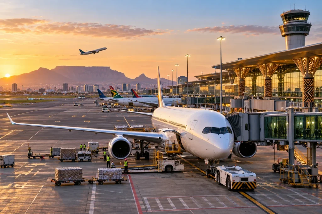 Air passenger jet parked at a gate at sunset, with the terminal and control tower in the distance.
