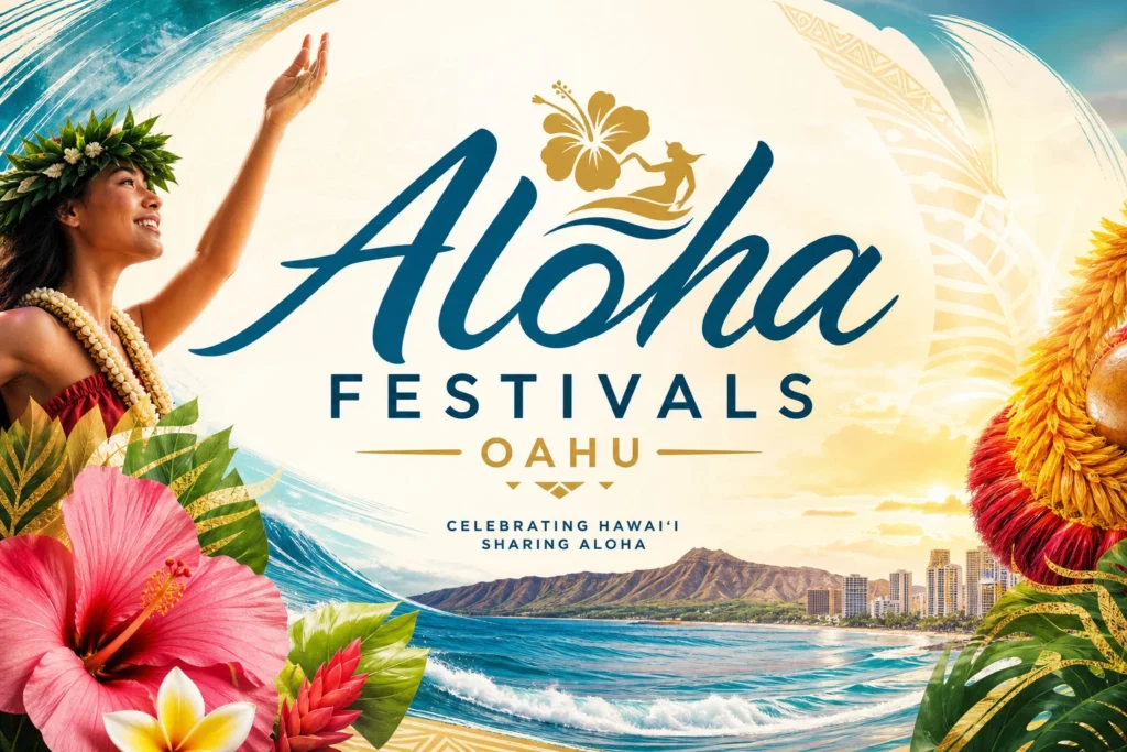 Banner promoting Aloha Festivals in Oahu with tropical flowers, waves, and the text 'Aloha Festivals Oahu'.