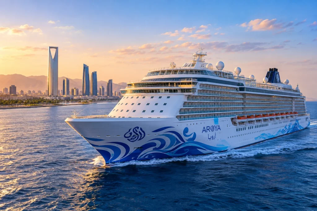 Aroya Cruise Ship at Golden-Hour City Coastline