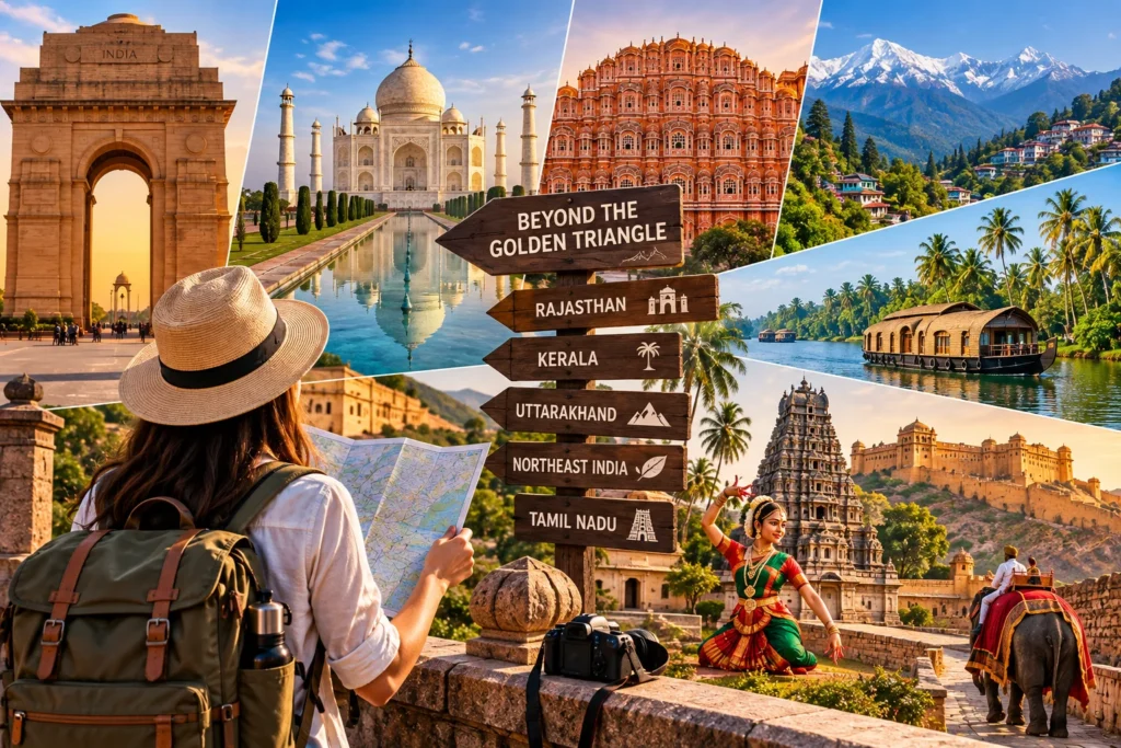 Traveler with a backpack and hat reads a map in front of a collage of Indian landmarks and a signpost nearby.