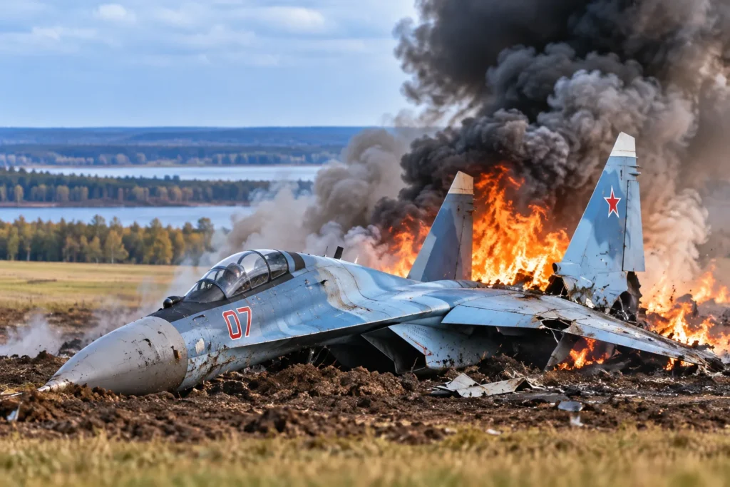 Burning Fighter Jet Crash in Field