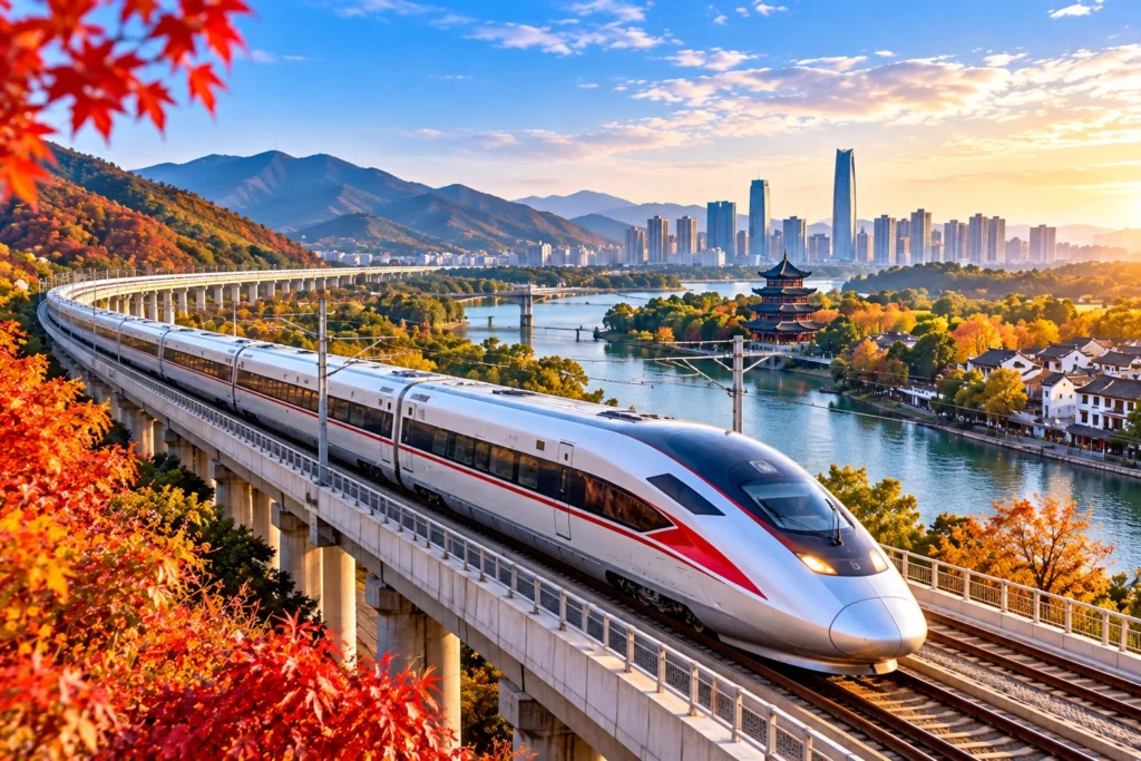 White high-speed train on an elevated curved viaduct over a river, surrounded by autumn foliage and a distant city skyline at sunset.