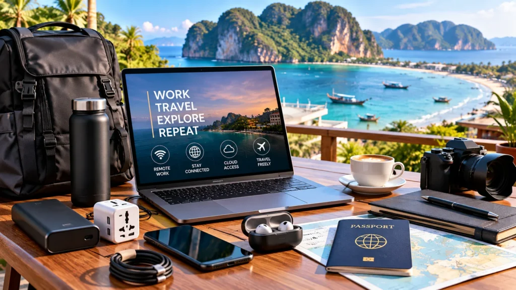Travel workspace by a tropical bay: laptop showing 'Work Travel Explore Repeat' with backpack, passport, camera, coffee, and map on a wooden table