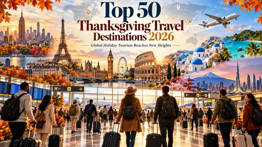 Travelers with rolling suitcases at a busy airport backdrop of a world-destinations collage (Eiffel Tower, Colosseum, Santorini).","Banner image for travel article: travelers at an airport with a collage of world landmarks and a plane taking off.","Diverse travelers at an airport terminal with a colorful montage of famous destinations worldwide.","Airport scene with travelers heading to gates; the backdrop features top travel destinations and a world map.","Top 50 Thanksgiving Travel Destinations 2026 banner showing global landmarks and jet planes above travelers."