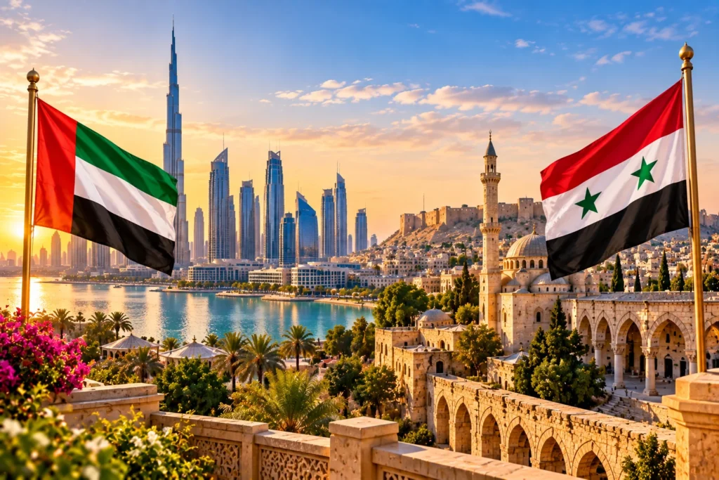 Golden Flags Over Modern and Historic Cities
