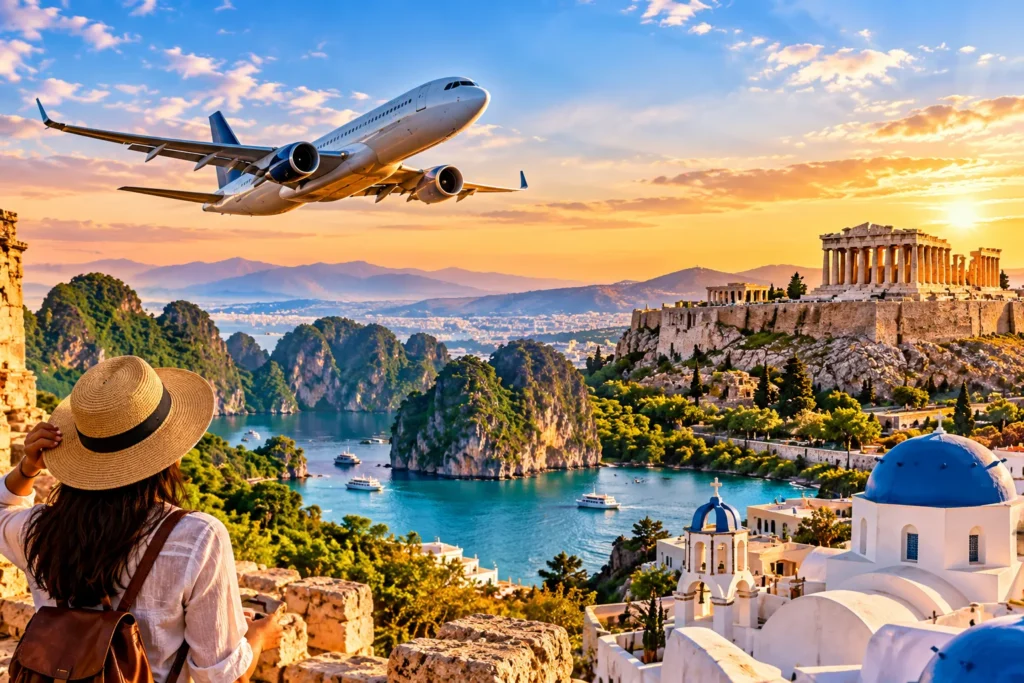 Woman in a straw hat gazes at a sunset view over Santorini, Greece, with blue-domed churches and a distant temple as an airplane flies overhead.