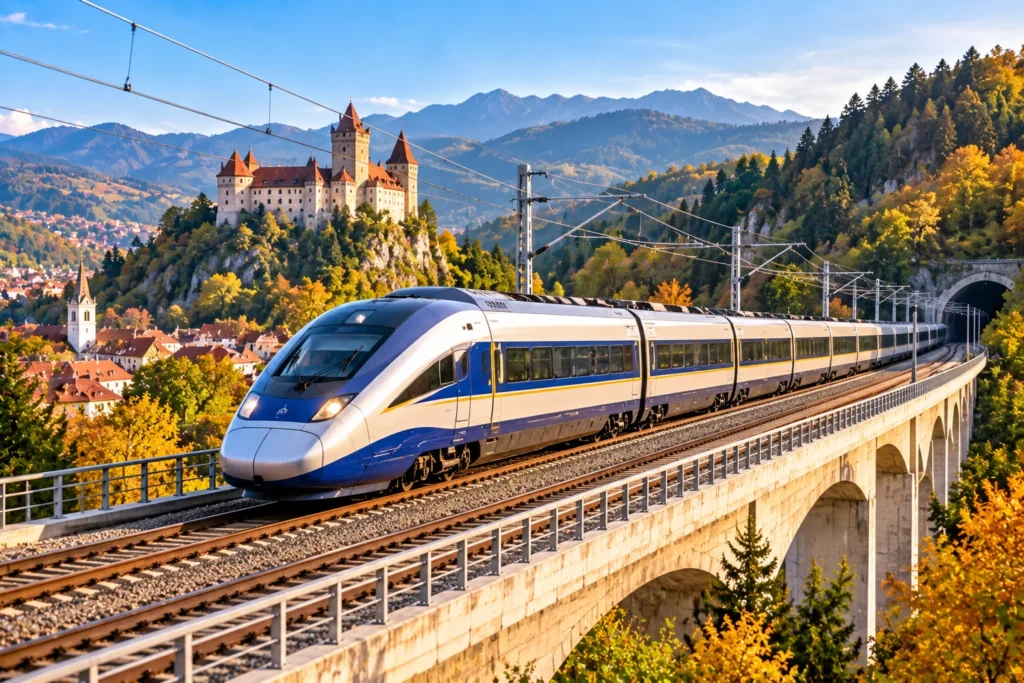 Golden-Hour High-Speed Train Through Castle Valley