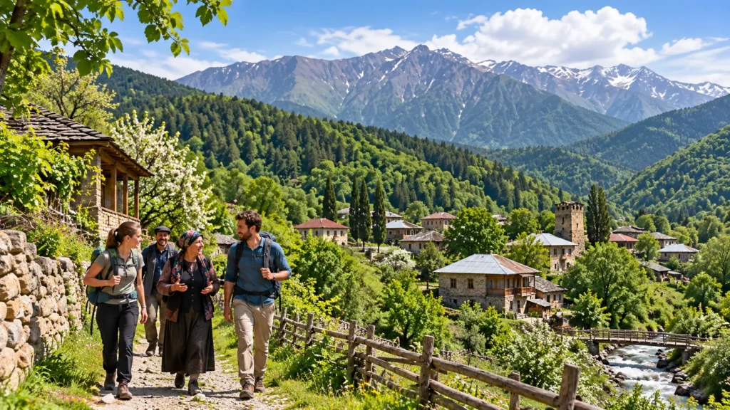 Hikers Exploring a Mountain Village