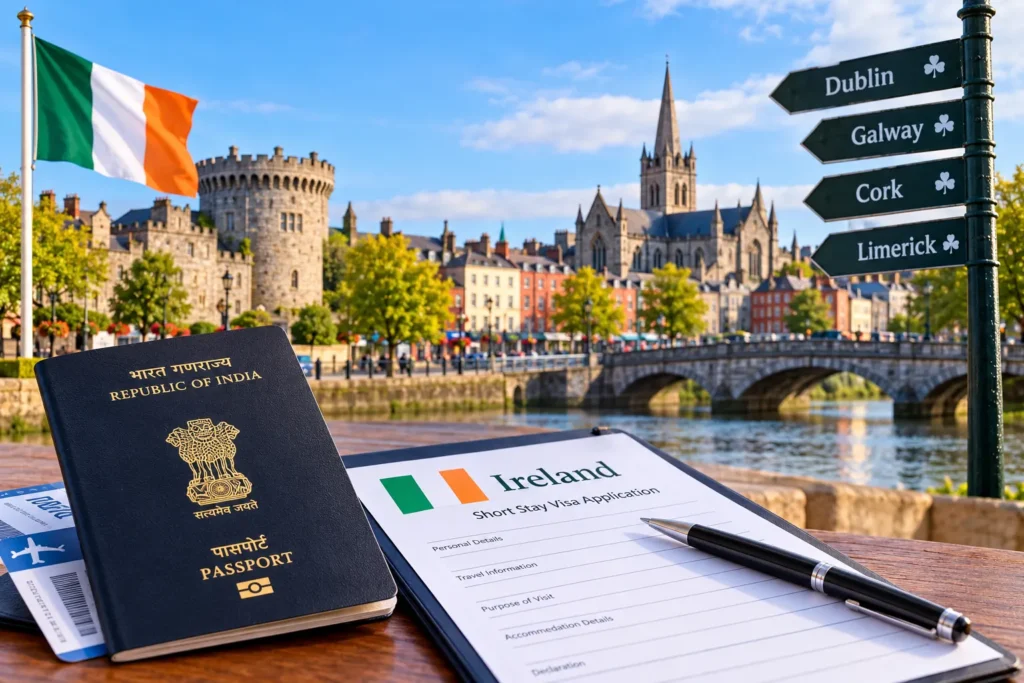 Indian passport and Ireland short-stay visa form on a wooden table; Irish flag and signs pointing to Dublin, Galway, Cork, and Limerick by a scenic river and bridge in a historic town.
