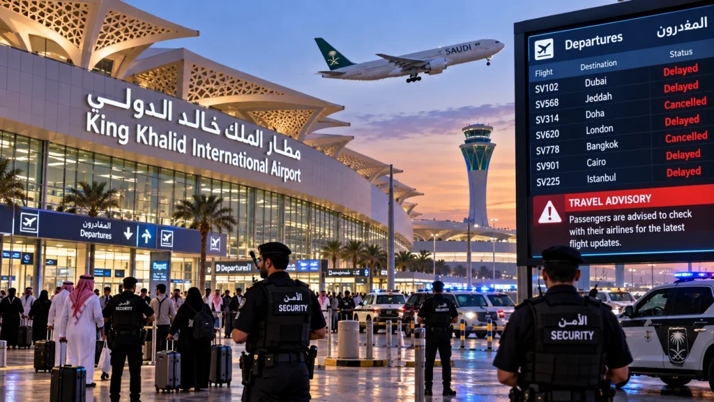 King Khalid Airport Travel Advisory at Dusk