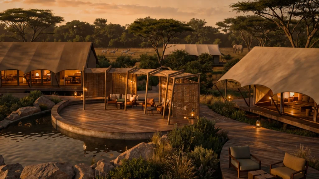 Glamping tents on a circular wooden deck around a small pool at sunset with warm lighting.