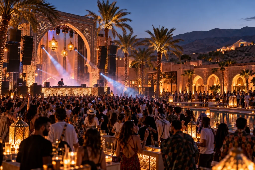 Outdoor evening music festival with a DJ on a lit stage surrounded by palm trees and a large crowd nearby.