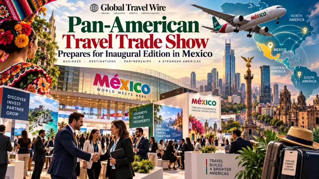 Pan-American Travel Trade Show banner over a busy expo with attendees shaking hands and colorful Mexico signage in the foreground.