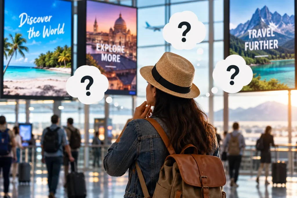 Puzzled Traveler Among Airport Ads