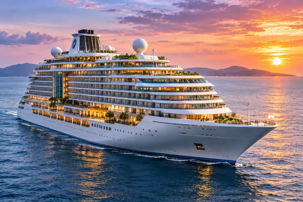 Luxurious cruise ship sailing at sunset on calm blue waters, with distant islands on the horizon and warm orange sky.