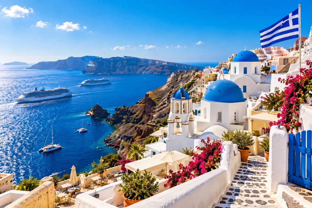 Santorini Blue Domes and Aegean Sea