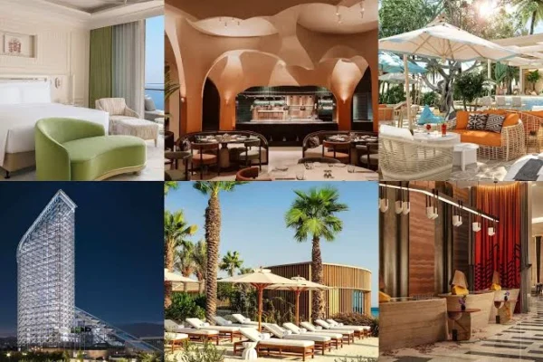 Collage of luxury hotel scenes: a bright hotel room with a green chair, an arch-shaped dining area, and an outdoor lounge with umbrellas.