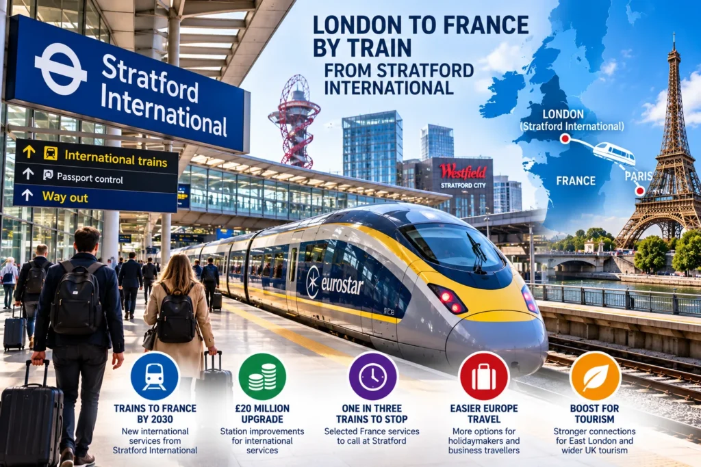 Eurostar train at Stratford International with signage and a London-to-France-by-train banner in the background.