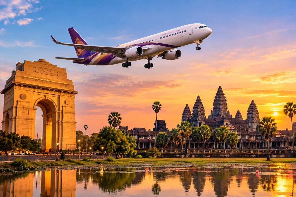 Airplane flying low over a sunset scene featuring India Gate and a temple complex by a reflective pond.