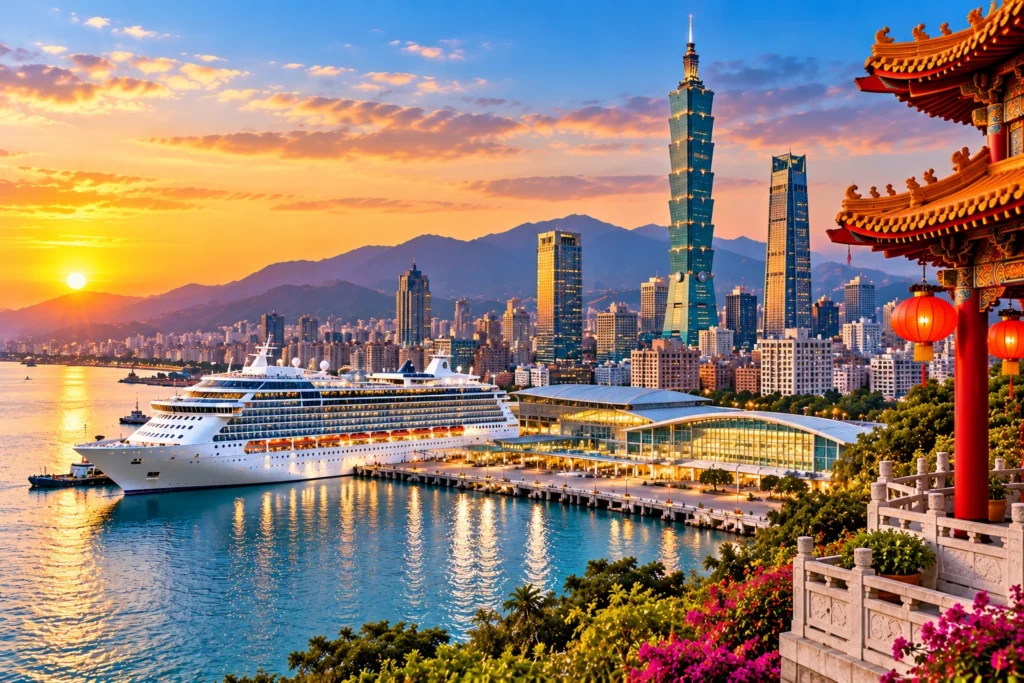 Sunset Harbor with Temple and Cruise Ship