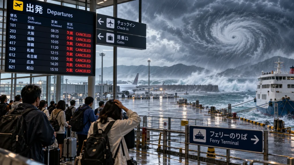 Typhoon Disrupts Coastal Airport and Ferry Terminal