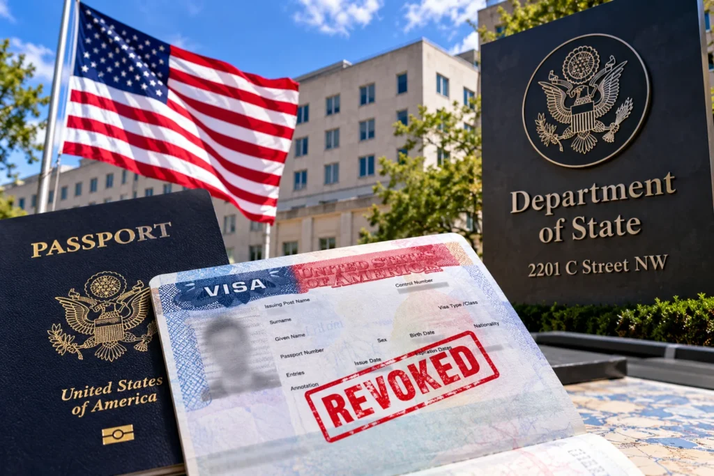 US passport and a visa page marked REVOKED, with the American flag and a Department of State sign in the background behind.