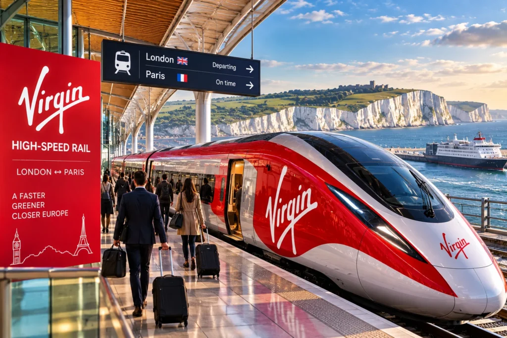 Virgin high-speed train at a seaside station, passengers boarding with luggage near a sign advertising London–Paris service.
