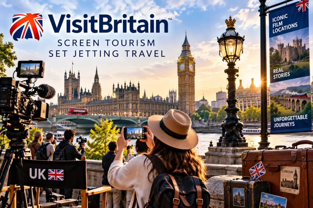 Film crew on the Thames embankment filming as tourists snap pictures of Westminster and Big Ben; VisitBritain banner in the sky.