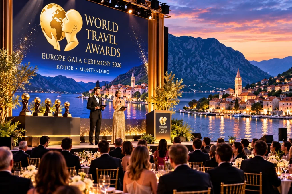 Hosts present awards on stage at the World Travel Awards Europe Gala Ceremony 2026, with a coastal town backdrop and gold trophies on display.